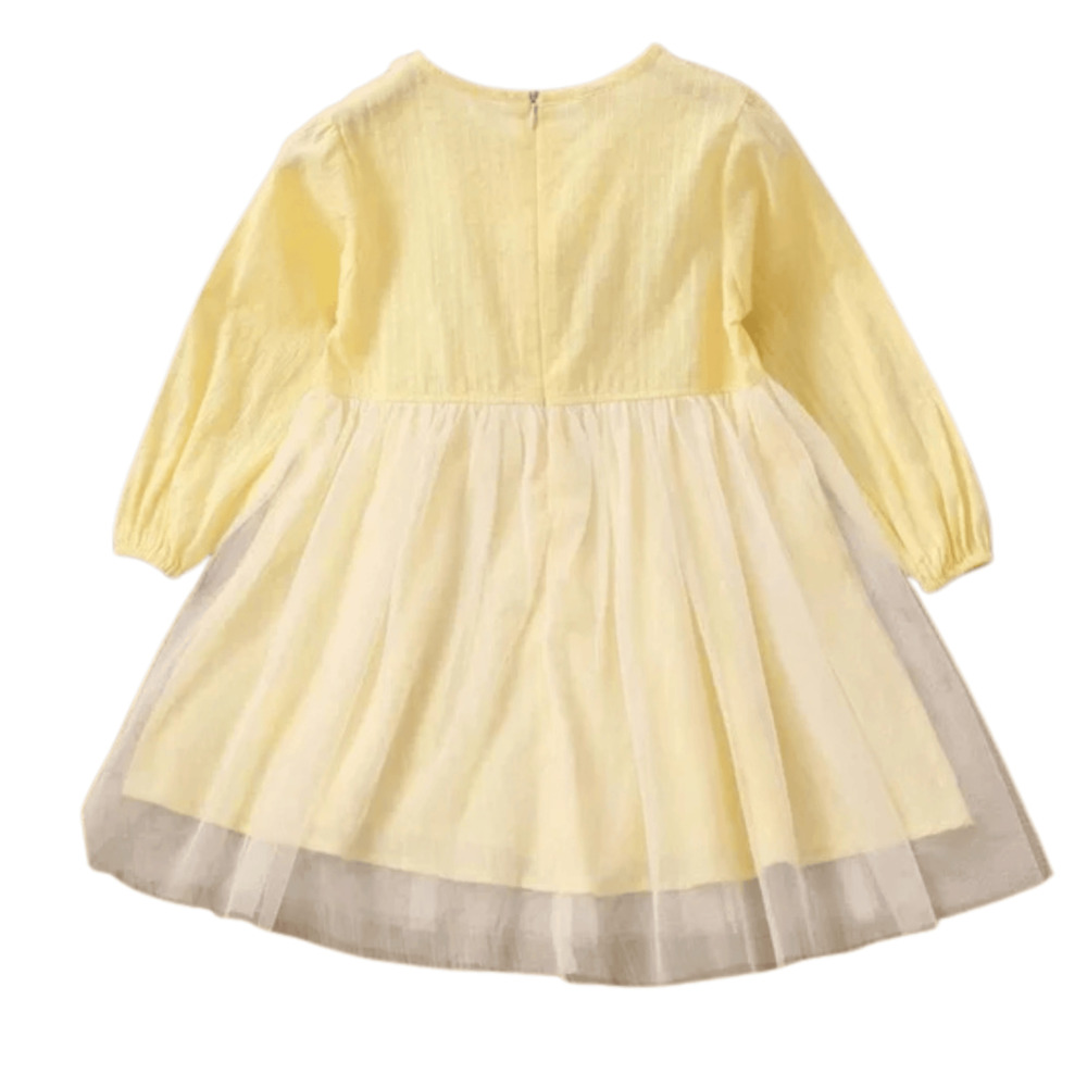 Yellow Dress, Girl Easter Sz 4T, Tulle Overlay, Long Sleeve, Eyelet Pearl Flower - Picture 2 of 8